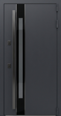 Уличная входная термодверь с узким стеклопакетом, вертикальной ручкой и полимерной покраской графит