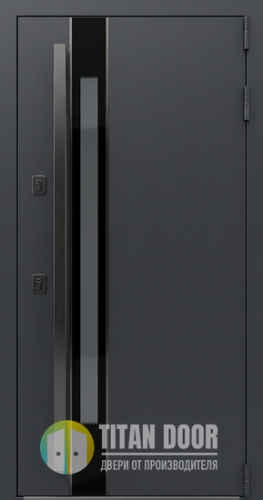 Уличная входная термодверь с узким стеклопакетом, вертикальной ручкой и полимерной покраской графит