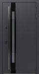Уличная входная термодверь с узким стеклопакетом, вертикальной ручкой и полимерной покраской графит