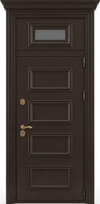 Непромерзающая входная термодверь с металлобагетом, карнизом, остекленной фрамугой и коричневым порошковым напылением