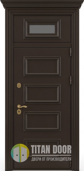 Непромерзающая входная термодверь с металлобагетом, карнизом, остекленной фрамугой и коричневым порошковым напылением Непромерзающая входная термодверь с металлобагетом, карнизом, остекленной фрамугой и коричневым порошковым напылением