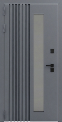 Входная уличная термодверь с металлорейками, стеклом и серым полимерным окрашиванием