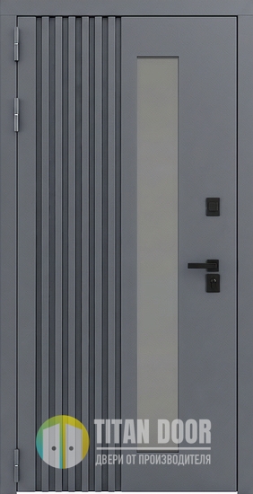 Входная уличная термодверь с металлорейками, стеклом и серым полимерным окрашиванием Входная уличная термодверь с металлорейками, стеклом и серым полимерным окрашиванием