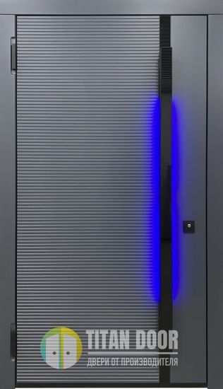 Квартирная дверь с панелями МДФ «графит» и вертикальными ручками с LED-подсветкой