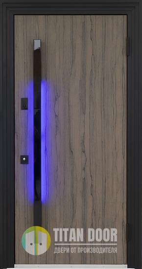 Современная металлическая дверь с панелями МДФ и бугельной ручкой со встроенной подсветкой