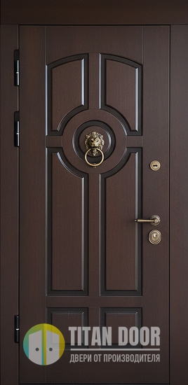 Входная термодверь со шпонированными плитами МДФ с кнокером в виде льва Входная термодверь со шпонированными плитами МДФ с кнокером в виде льва