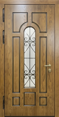 Уличная металлическая термодверь с остеклением, ковкой и отделкой МДФ Уличная металлическая термодверь с остеклением, ковкой и отделкой МДФ