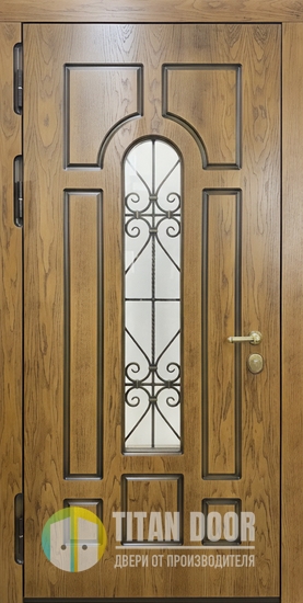 Уличная металлическая термодверь с остеклением, ковкой и отделкой МДФ Уличная металлическая термодверь с остеклением, ковкой и отделкой МДФ