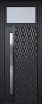 Входная термодверь с остекленной фрамугой, хромированной бугельной ручкой и отделкой черным МДФ Входная термодверь с остекленной фрамугой, хромированной бугельной ручкой и отделкой черным МДФ