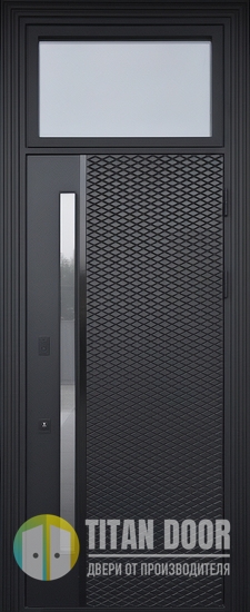 Входная термодверь с остекленной фрамугой, хромированной бугельной ручкой и отделкой черным МДФ