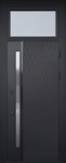 Входная термодверь с остекленной фрамугой, хромированной бугельной ручкой и отделкой черным МДФ